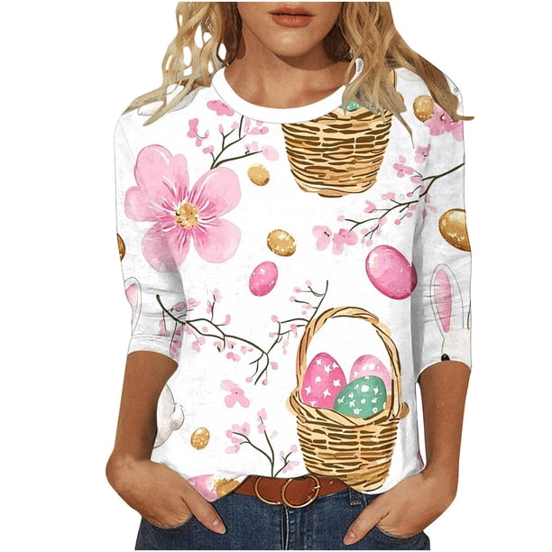 Tops de Cuello Redondo para las Mujeres Carnaval Impreso 3/4 Manga Blusa Moda de Verano Casual