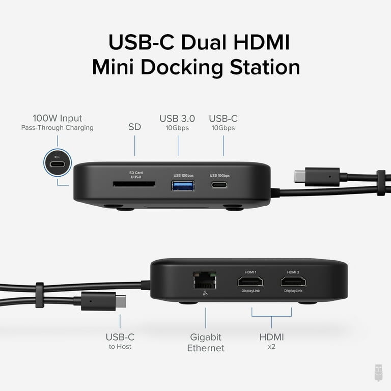 Lappe gåde Skibform Plugable 7-in-1 USB C Docking Station Dual Monitor - Dual HDMI Dock is  Compatible with Mac and Windows, USB4, Thunderbolt or USB-C, 100W PD, 2x  HDMI, 1x USB-C, 1Gbps Ethernet, 1x USB