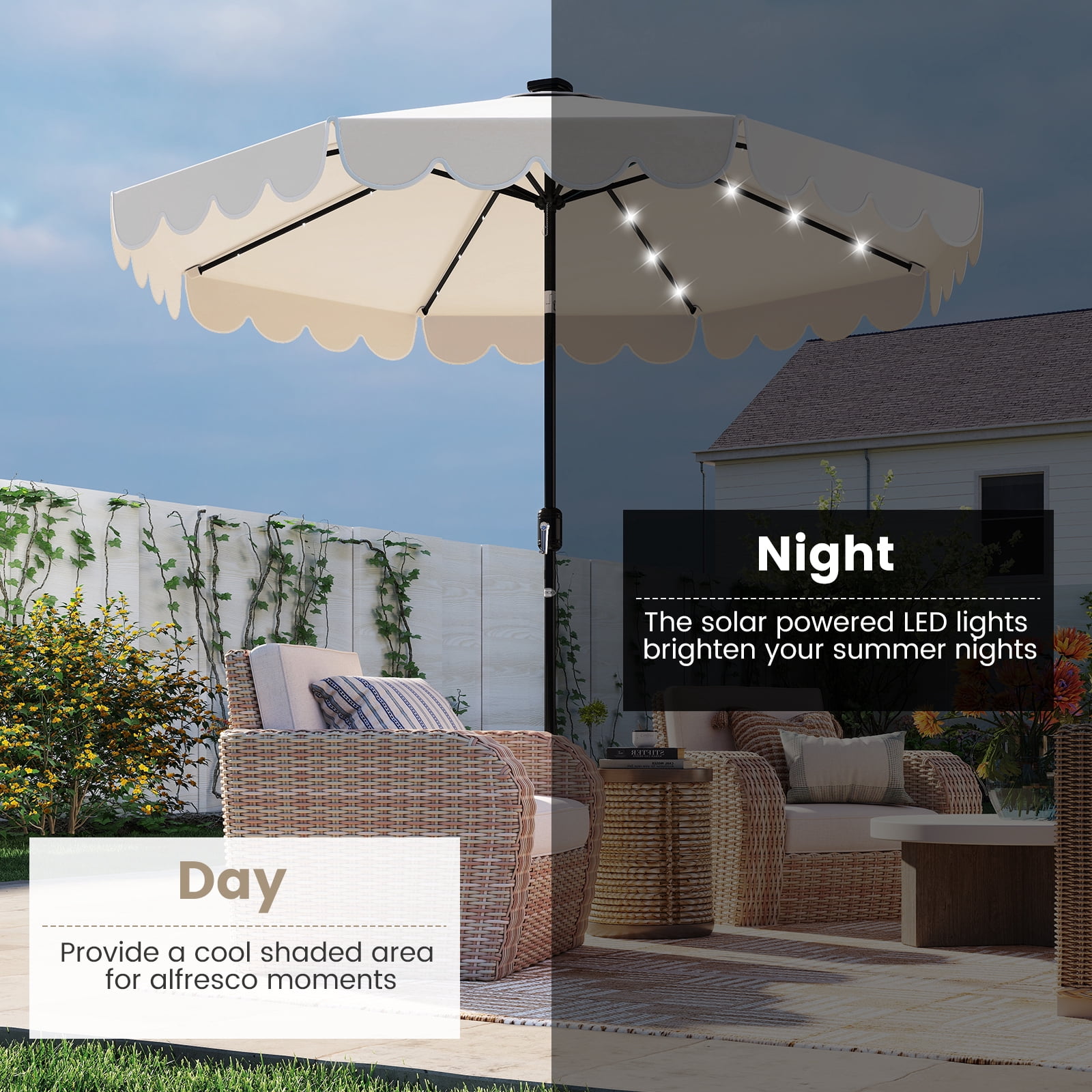 Gymax 9.3 FT Solar Patio Umbrella w/ 32 LED Lights & Vented Top & Ruffles Beige
