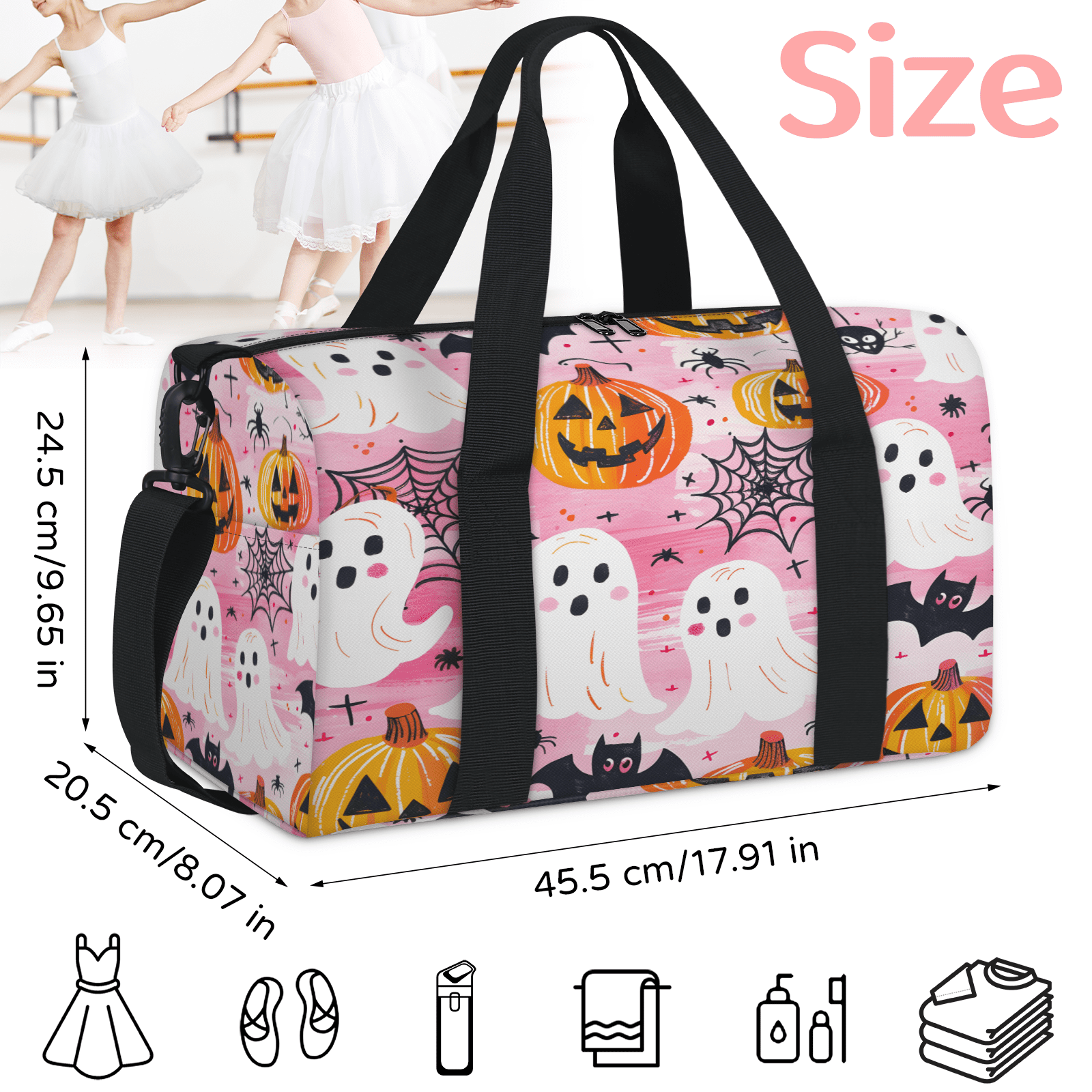 Herdesigns Halloween Gym Bag for Women, Duffle Bag for Travel Sport, Ghost Pumpkin Lightweight Waterproof Carry on Weekender Dance Yoga Workout Bags