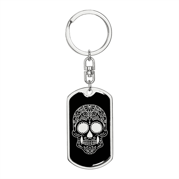 Calavera Mexican Sugar Skull 183 Stainless Steel or 18k Gold Premium Swivel Dog Tag Keychain
