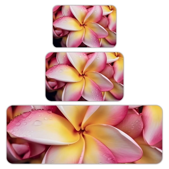 RKSupls Kitchen Rug Set 3 Piece Anti-Slip Flannel Floor Mats, Plumeria Petals Dew Washable Absorbent Runner Mats for Kitchen Bathroom Home Decor