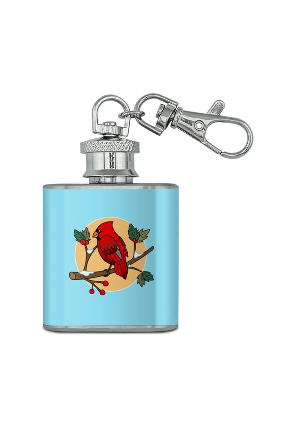 Red Cardinal on Snowy Holly Branch Stainless Steel 1oz Mini Flask Key Chain