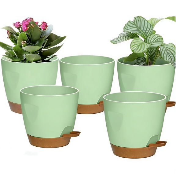5PCS Plant Pots Set,7/6.5/6/5.5/5 Inch Self Watering Planters with Drainage Hole and Saucers,Plastic Flower Pots,Nursery Planting Pot for Indoor Outdoor Plants, Flowers, and Cactus,Green(Green)
