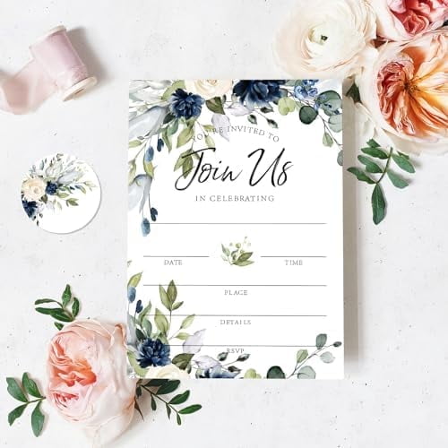 25 Sets Floral Invitations with Envelopes Stickers Watercolor Blue Flower Invitation Cards Blank Invites for Bridal Baby Wedding Reception Show er Birthday Dinner Party, 5 x 7 Inch