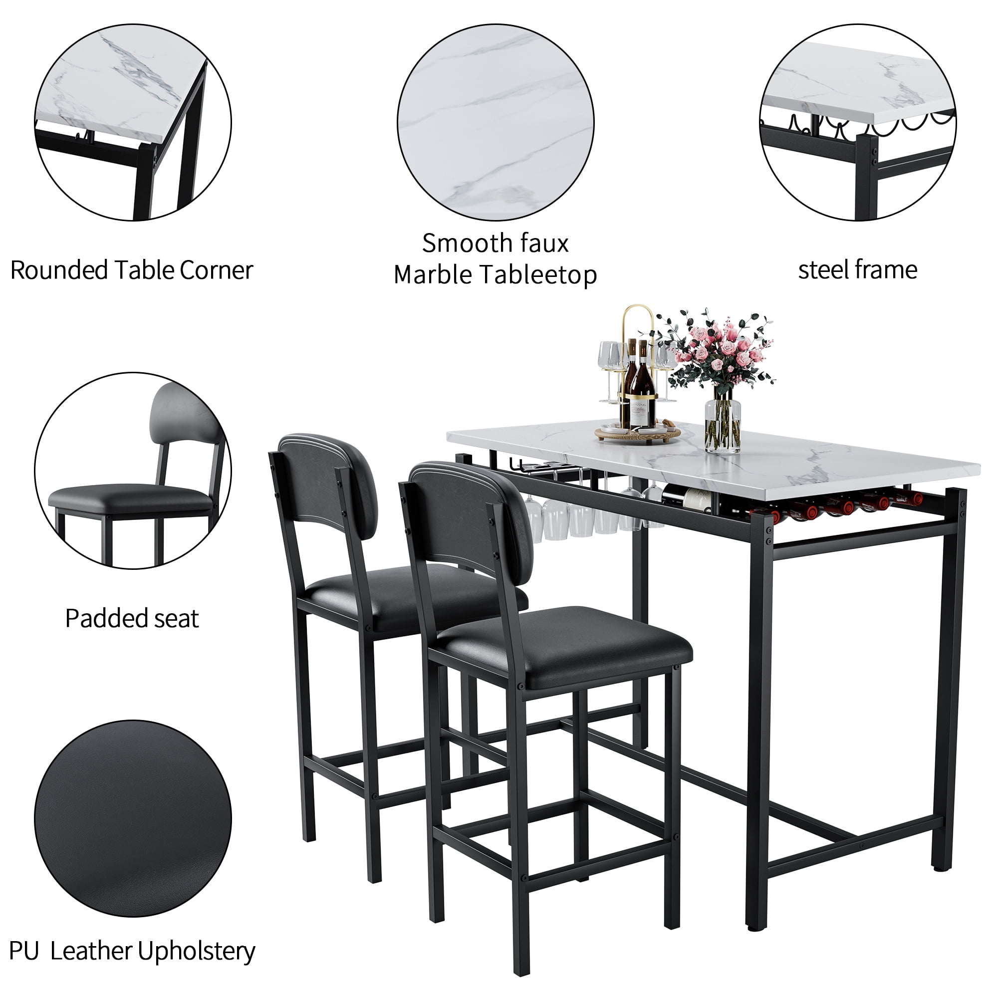 Aukfa Bar Dining Table Set&nbsp;for 2, Kitchen Table Set w/ Wine Rack &Upholstered Chairs for Small Spaces, Black