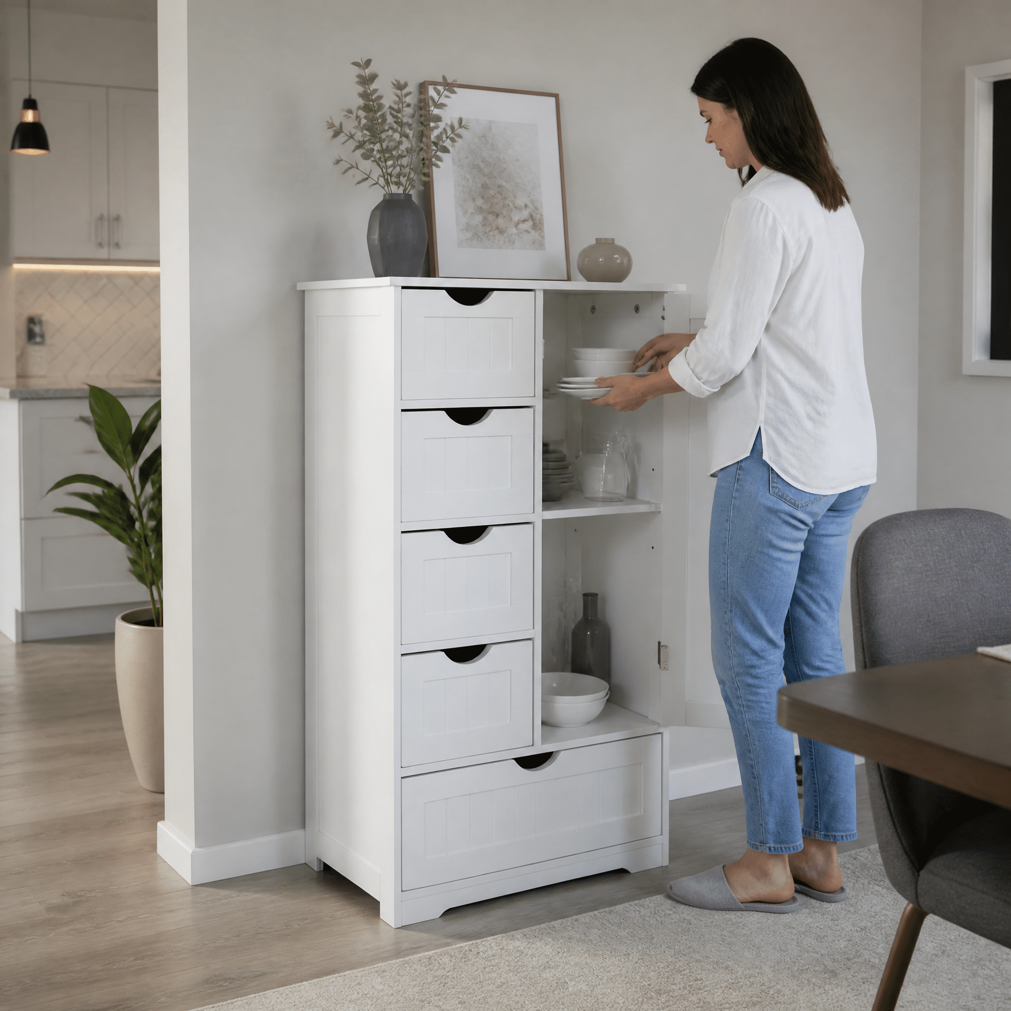 Elegant Vertical Grain Bathroom Cabinet 4 Small Drawers 1 Large Drawer 1 Lower Cabinet Particle Board for Powder Room Master Bathroom