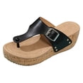 thumbnail image 4 of Rokment Womens Denim Cork Footbed Platform Flip Flops Trendy Casual Leather Buckles Wedge Slip on Thong Dress Backless Sandals Comfortable Walking Slippers Black Size 6.5, 4 of 5