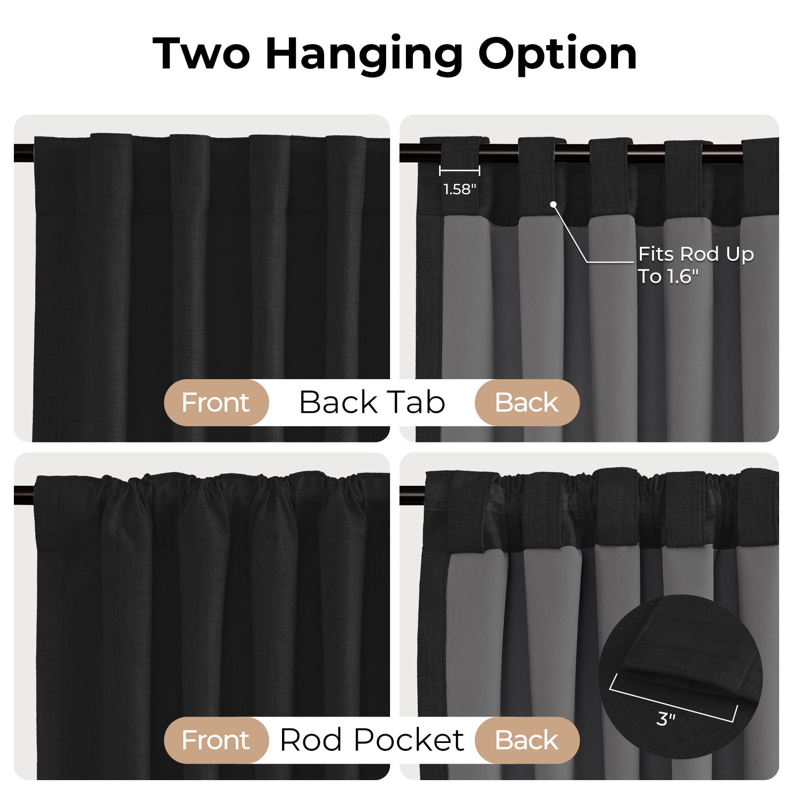 100% Blackout Curtains for Bedroom,Set of 2 Panels,108inch Length Faux Linen Thermal Insulated Back Tab Drapes with Room Darkening,50"Wx108"L,Black