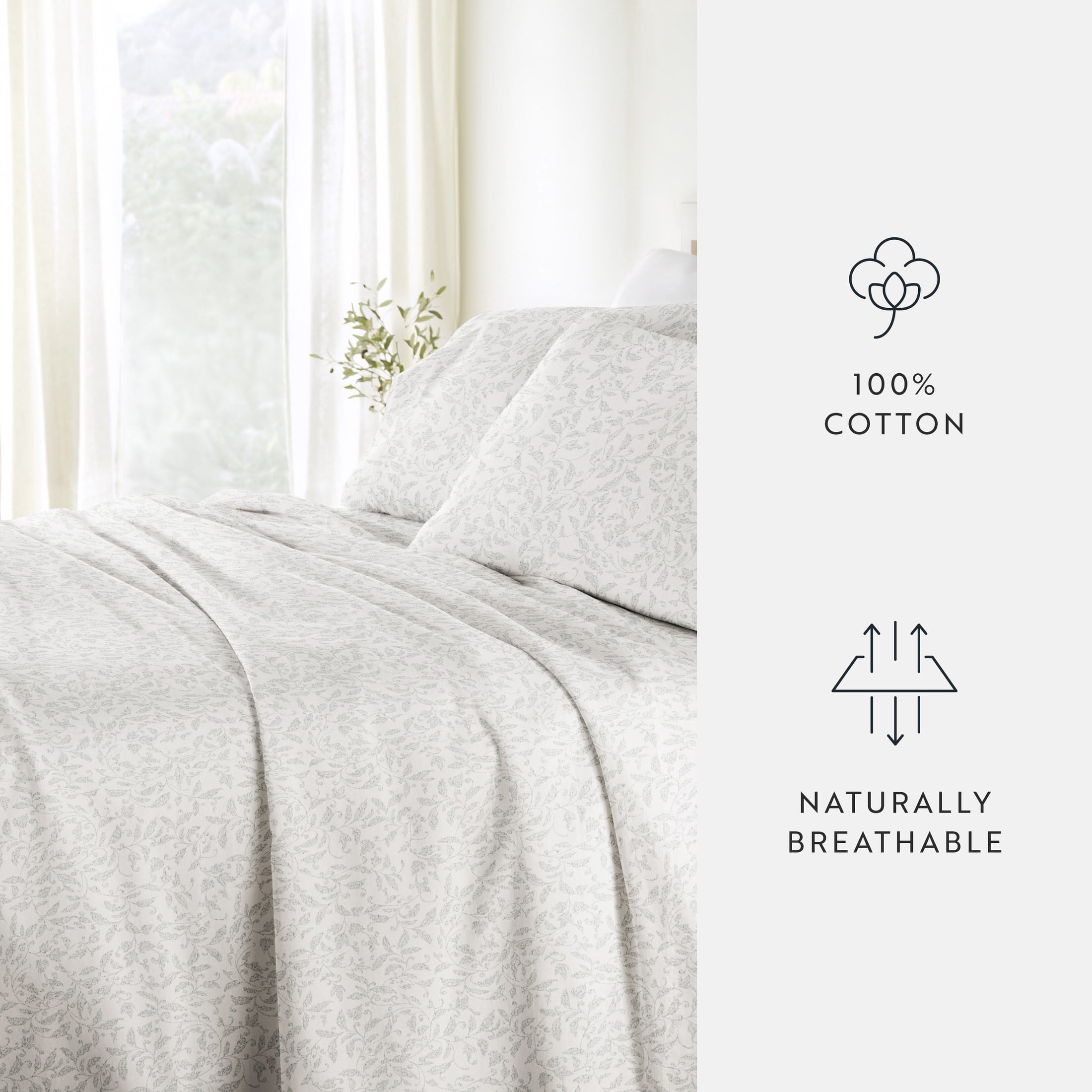 Noble Linens 4 Piece 300TC Cotton Printed Sheets, Romantic Vines Eucalyptus, Full