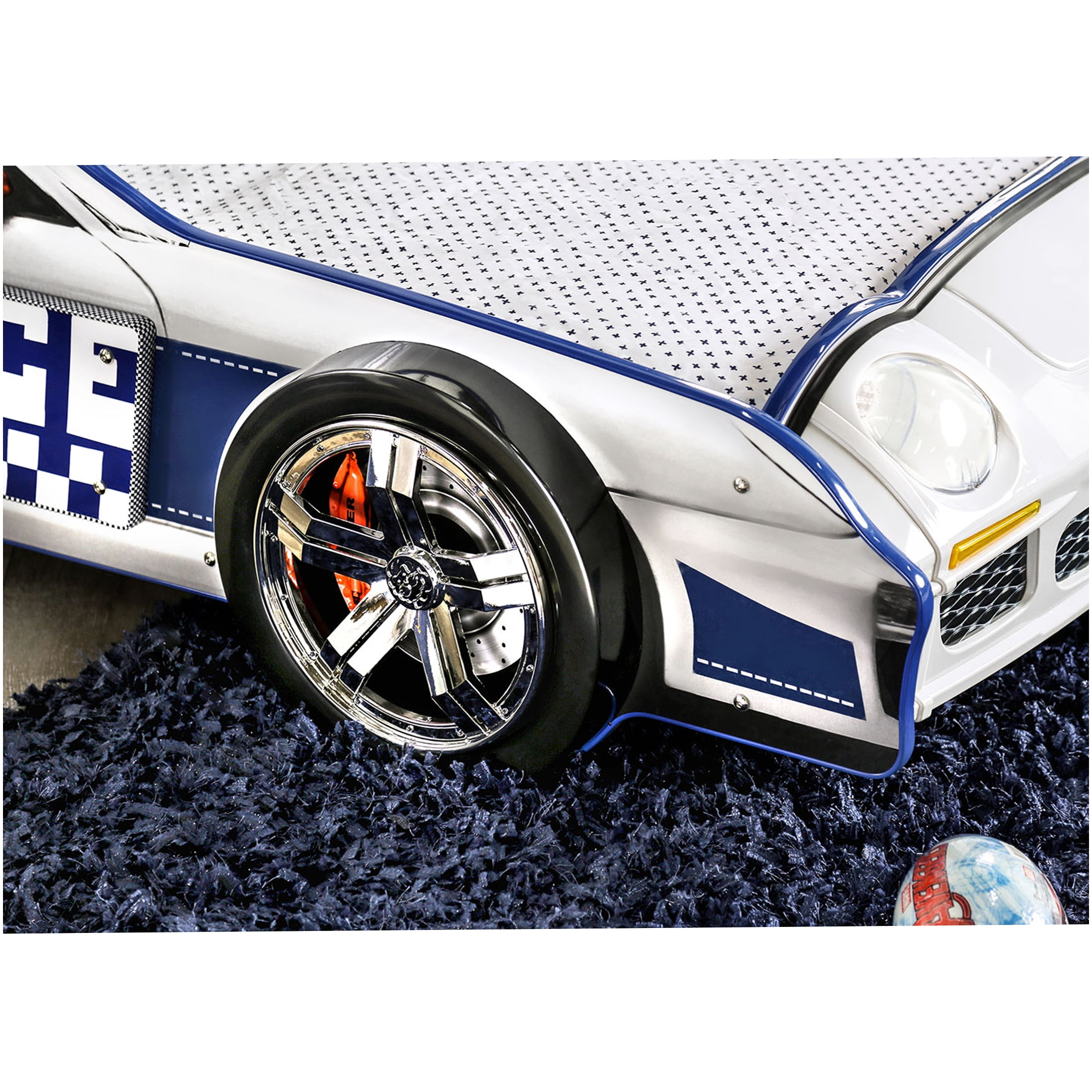 Modern Police Car Twin Bed with LED Lights, High Gloss Metal Frame for Enhanced Stability