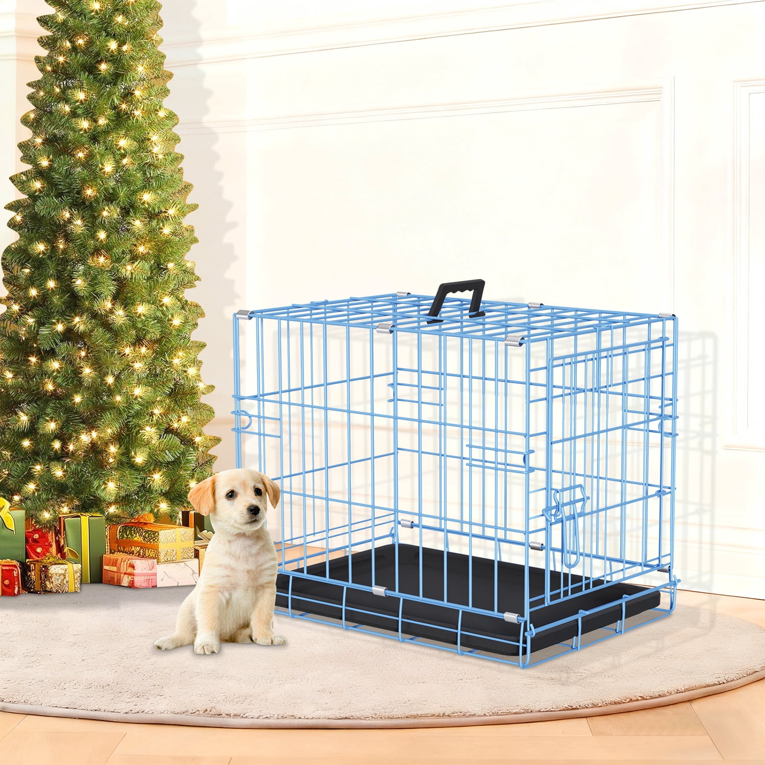 Small Dog Crate 18" Puppy Cage Dog Kennel Dog Cage Foldable Metal Wire Pet Cage with Handle Plastic Tray for Puppies （Blue）