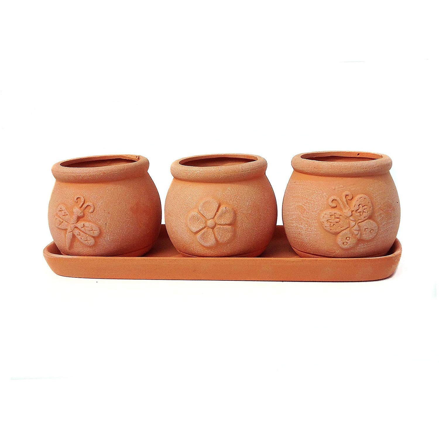 Terracotta Set of 3 Small Embossed Earthenware Planters or Herb Pots and  Tray, Round shape 