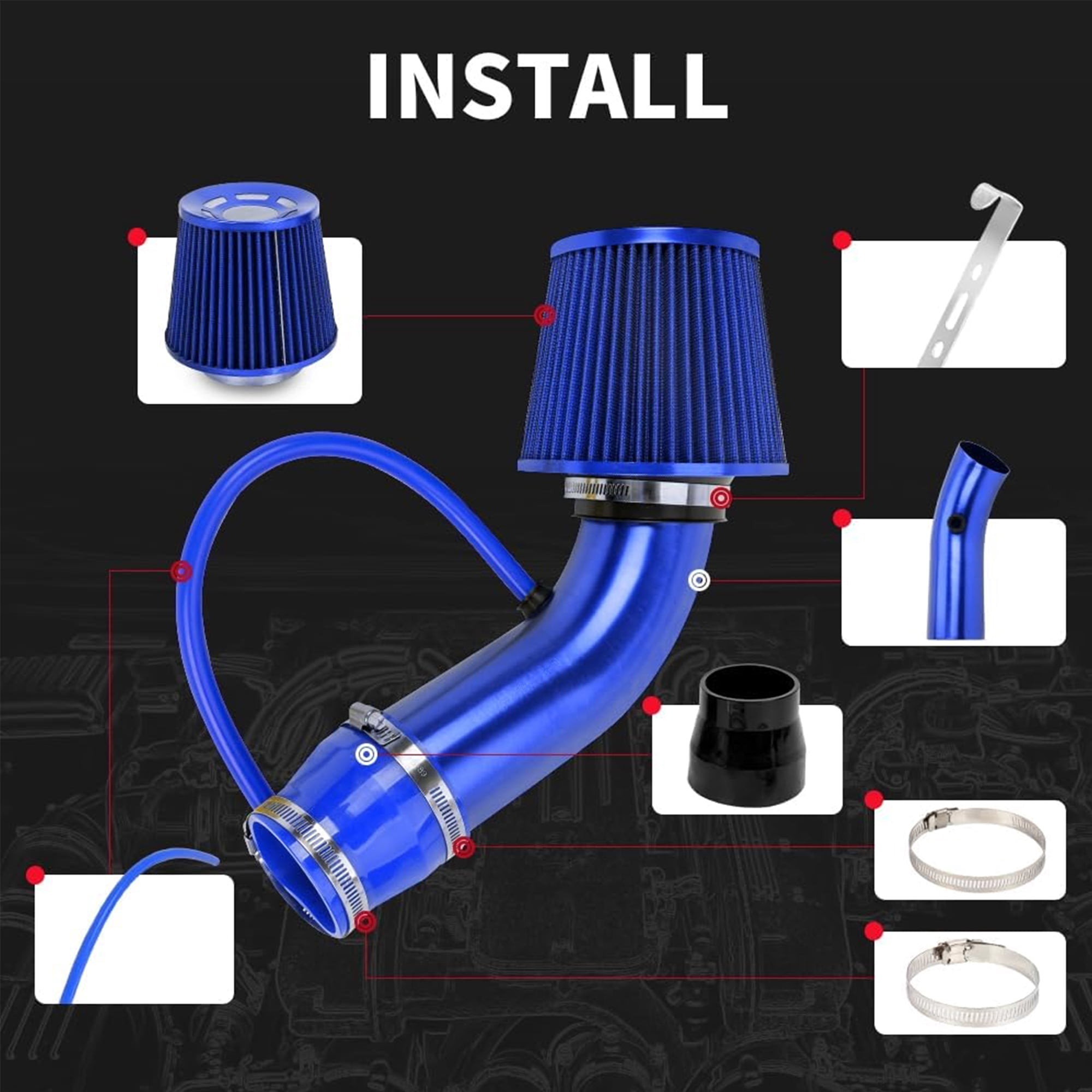 3'' Cold Air Intake Kit Aluminum Automotive Cold Air Intake Pipe Filter Induction Flow Hose Pipe Kit, Blue