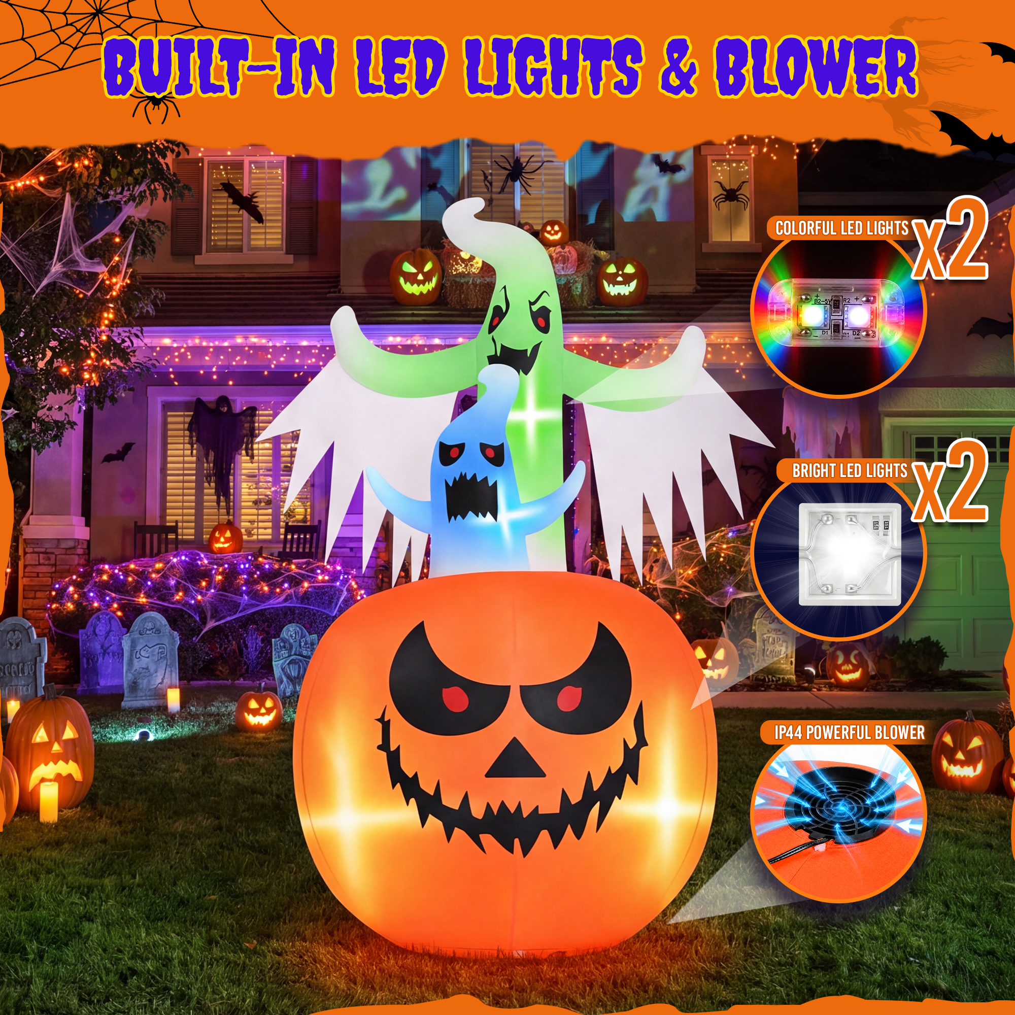 Firstness 6 Ft Halloween Inflatable, Pumpkin Ghost with LED Lights photo 3