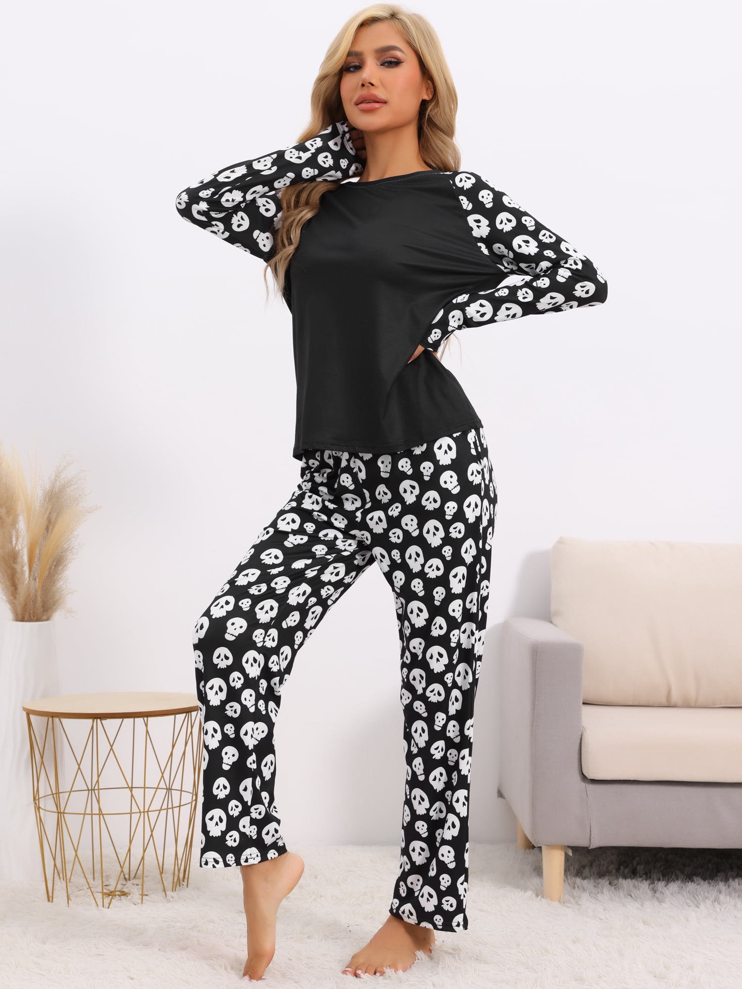 DARING DIVA Pajama Set Print Long Pajama Top Matching Sleep Pant ["Women"] S Black