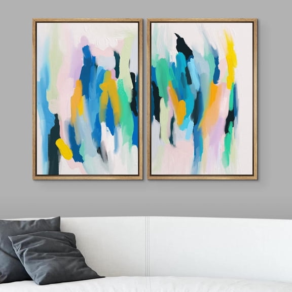 PixonSign Framed Wall Art Set Watercolor Rainbow Stripe Landscape Canvas Prints Abstract Pastel Modern Art Decoration Nordic Colorful for Living Room, Bedroom, Office - 24"x36"x2 Natural