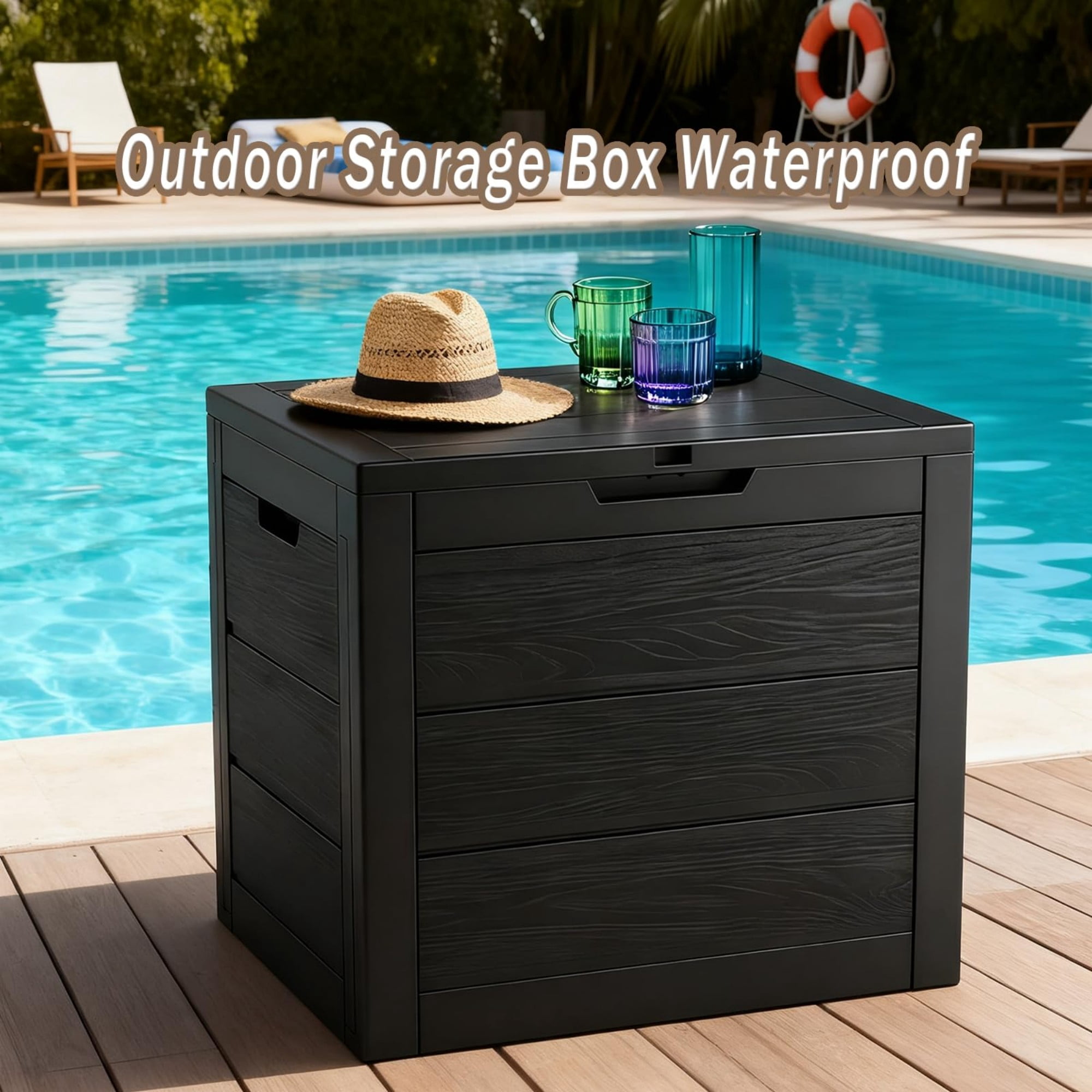 35 Gallon Outdoor Storage Box Waterproof, Resin Deck Box with Lockable Lid, Patio Storage Bench for Cushions, Package Delivery, Garden Tools, UV Resistant, Black