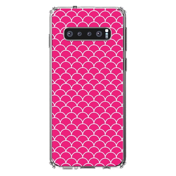 DistinctInk Clear Shockproof Hybrid Case for Samsung Galaxy S10 (6.1" Screen) - TPU Bumper, Acrylic Back, Tempered Glass Screen Protector - Hot Pink White Scalloped Pattern