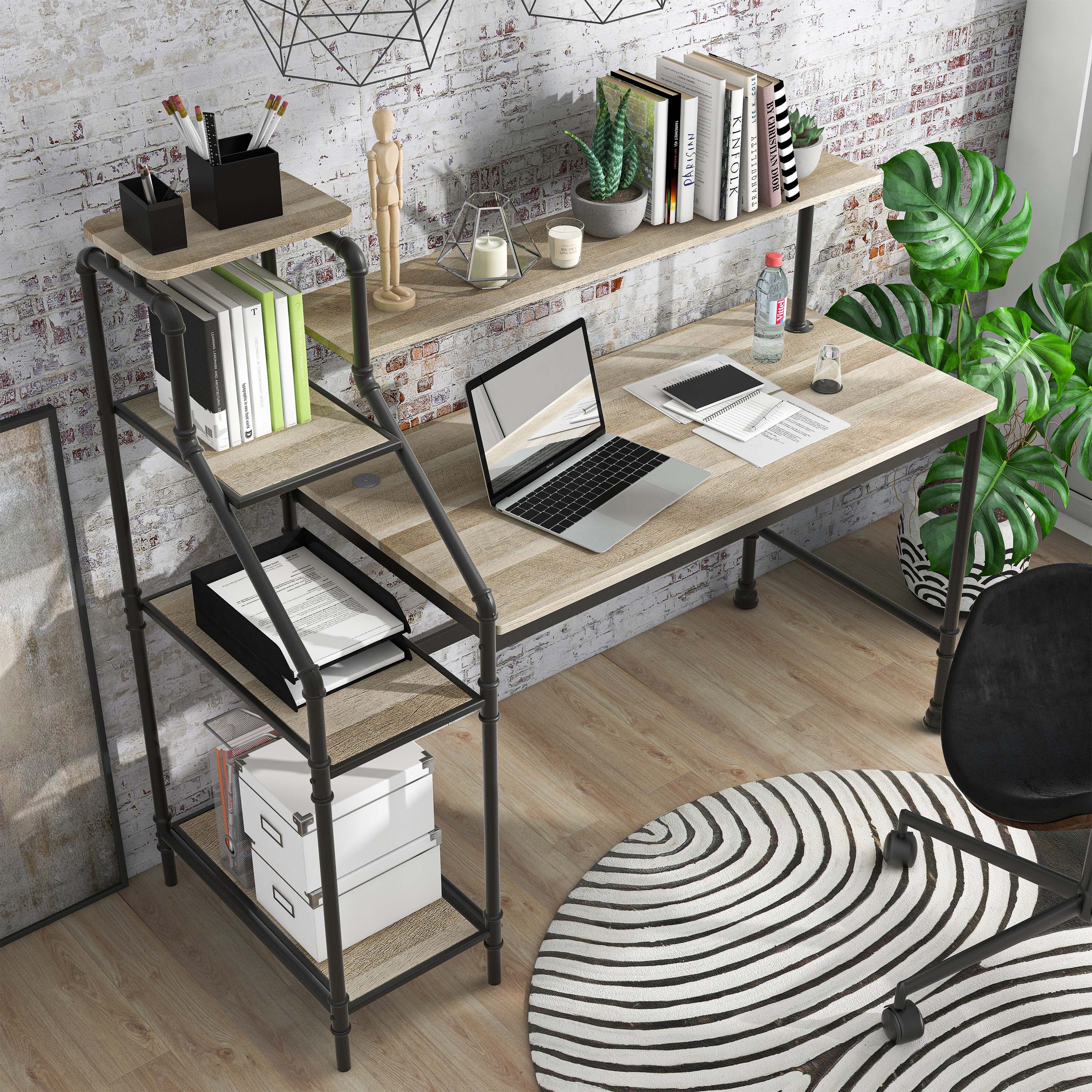 Furniture of America Asher Metal 61-in Corner Desk with LED, Light Oak