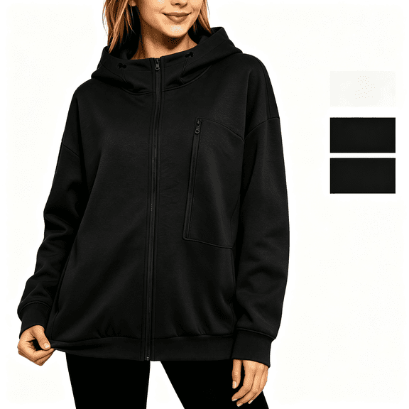 Yotami Womens Zip Up Hooded Sweatshirt with Zipper Chest Pocket & Side Pockets, Lightweight Casual Oversized Hoodie Jacket, Solid Color Hooded Outerwear for Fall, Daily Wear