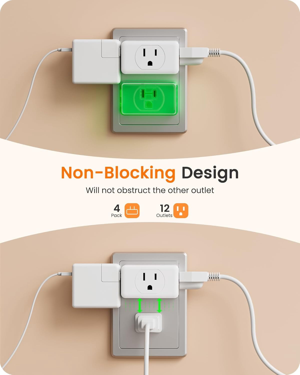 3 Prong to 2 Prong Adapter, Plug Extender, Wall Plug Splitter with 3 AC Outlets, Travel Power Adaptor for US to Japan Japanese Philippines-Type A, Cruise Ship Approved, 4 Pack