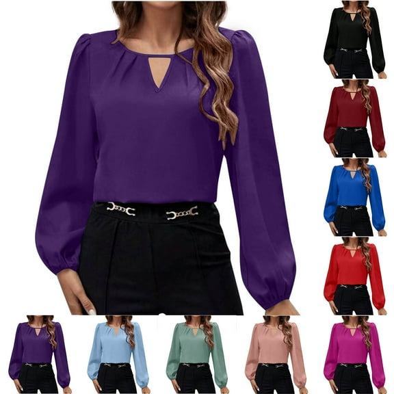 Olyvenn Stylish Women's Satin Silk Blouse Keyhole Neck Long Sleeve Tops Elegant Casual Office Work Dressy Shirts Pullover Tops Black 8-10