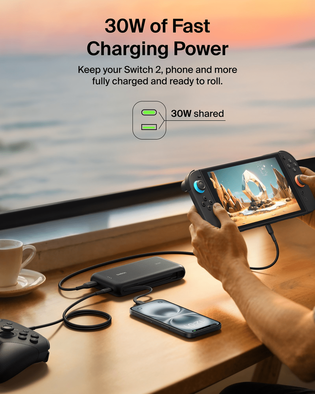Belkin Gaming Portable Charger, Power Bank 30W w/ Integrated USB C Cable 20,000mAh - Fast Charging USB C PD, Portable Charger for Nintendo Switch 2, iPhone 16, iPad Pro, Galaxy S25, & More - Black