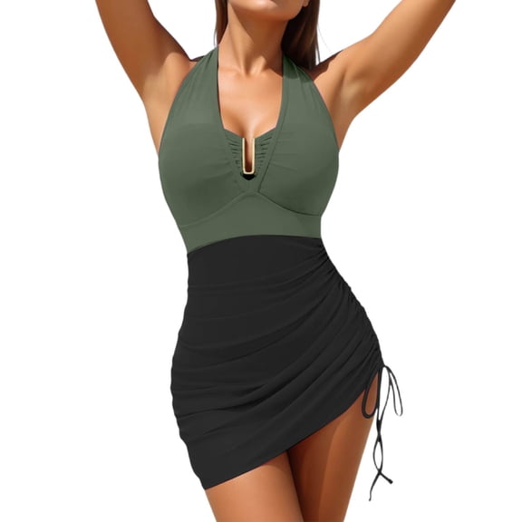 JIAYUE Women's One-Piece Swimsuit Sleeveless Color Block Mesh Halter Neck Tie And Drawstring Detail For Cozy Female Swimwear