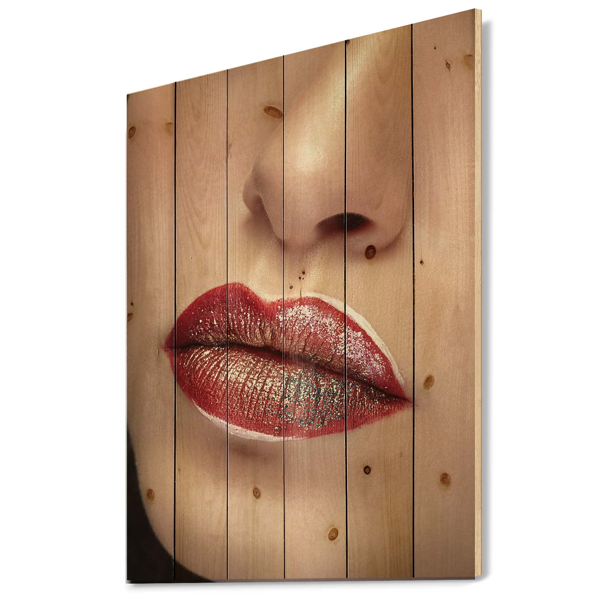 Designart 'Close Up Lips With Professional Lipstick and Make Up' Modern Print on Natural Pine Wood