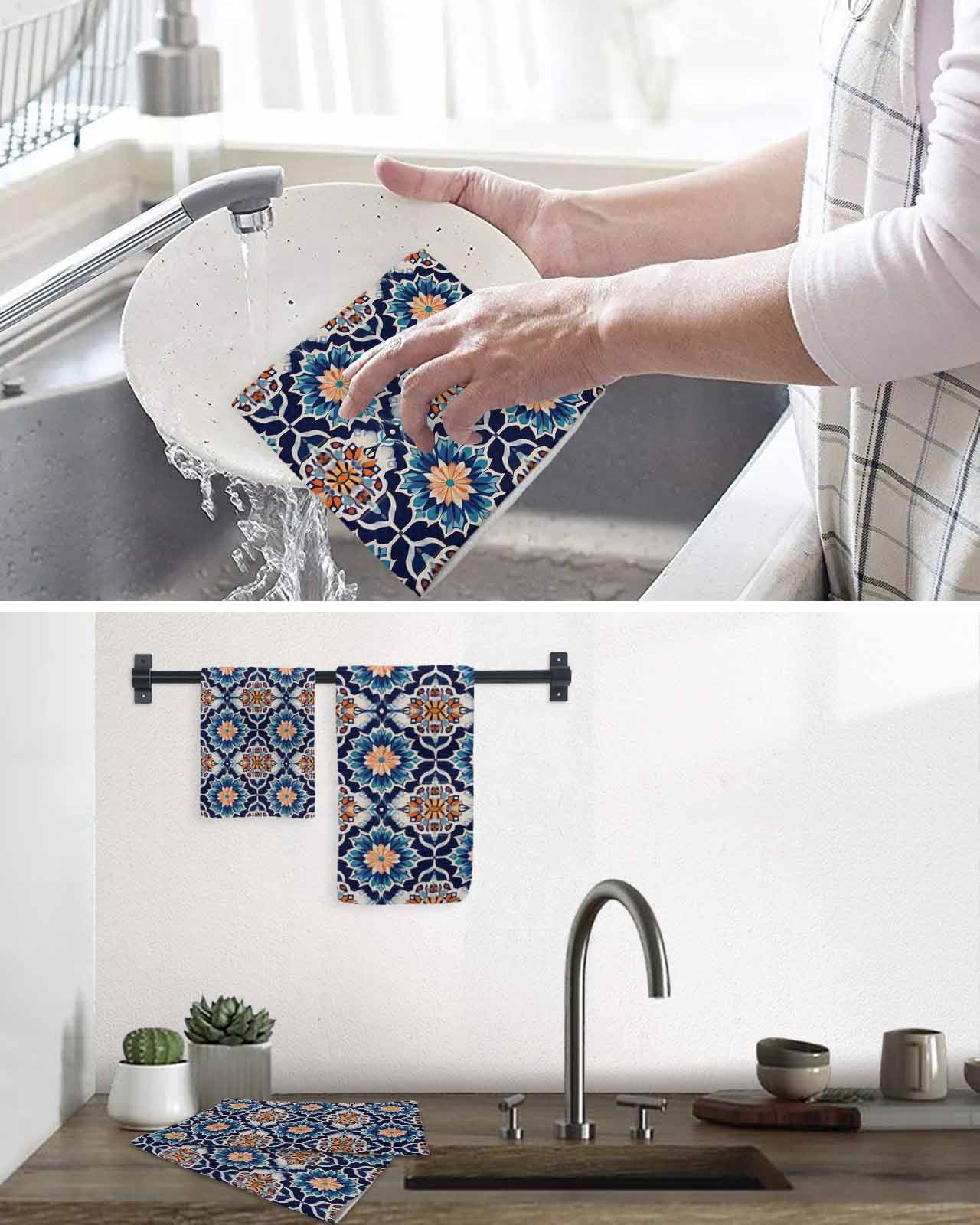 Orange Blue Hand Towels Set,Waffle Weave Kitchen Towels 4 Pieces,Morocco Boho Abstract Floral Ethnic Tribal Microfiber Hair Face Bath Tea Towel Absorbent Quick Drying Cleaning Dish Cloths,15.7"x23.6"