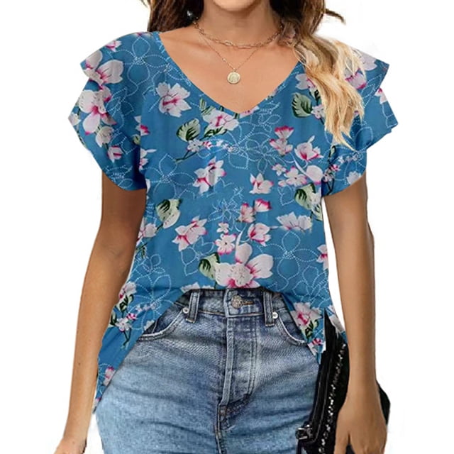 Blusa de mujer de doble capa, corta y holgada, talla XL, con escote en V y mangas con volantes