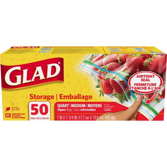 Glad Zipper Food Storage Quart Bags, 50 Count