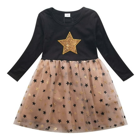 

TAGOLD Girls Spring Autumn Winter Dress Star Sequins Princess Dress Girls Long Sleeve Dress Black 7-8 Years