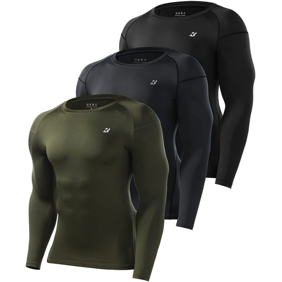Roadbox Mens Long Sleeve Compression Shirts 3 Pack Cold Weather Thermal Underwear Base Layer Tops for Running Baseball