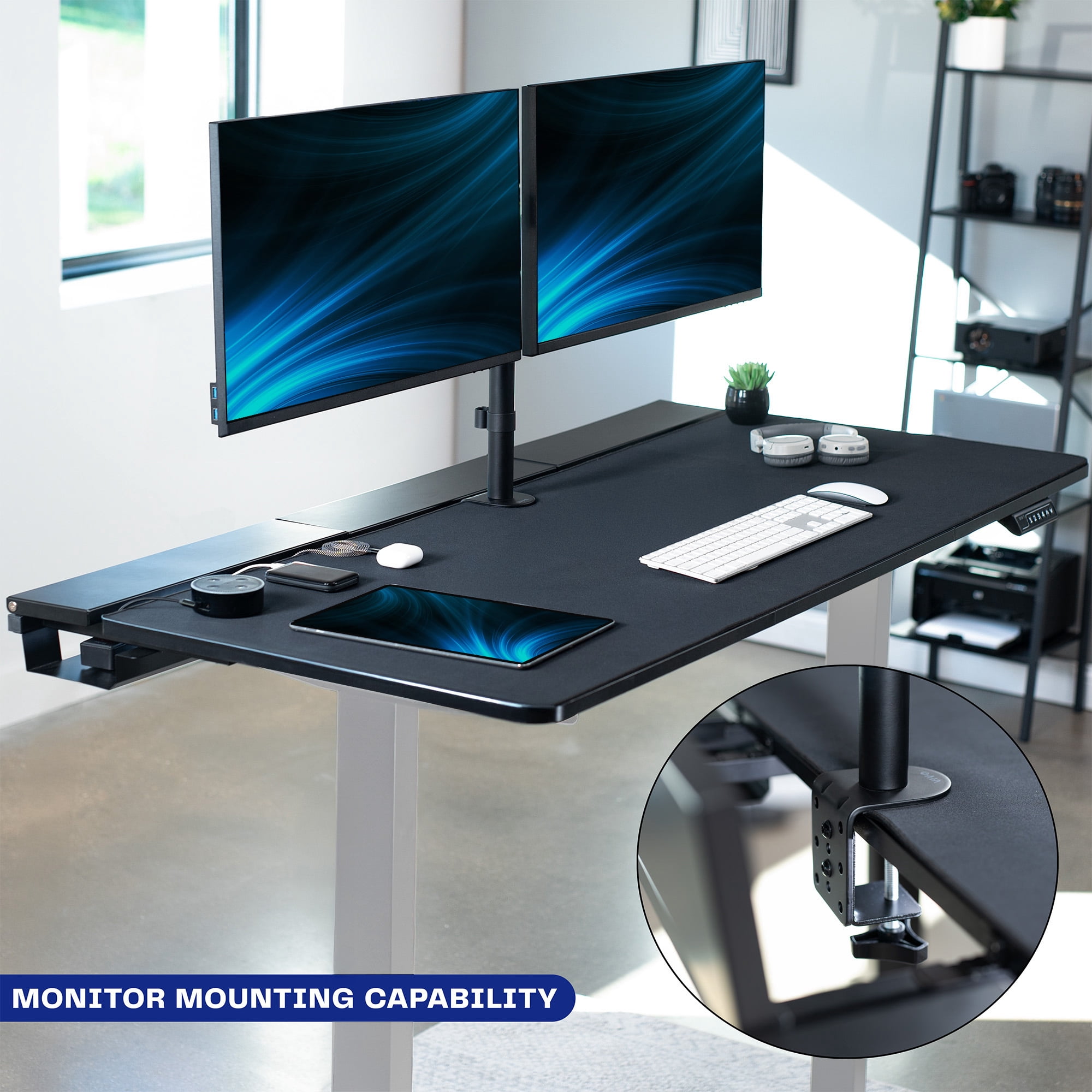 VIVO Electric 60" x 30" Desk, Full Pad, Black Hidden Cable Tabletop, Gray Frame