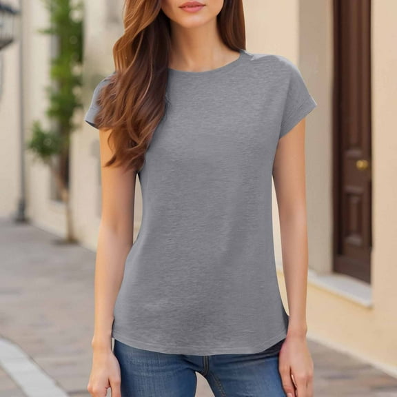 Women's Short Sleeve T-shirt Women'S Short Sleeve T Shirts Casual Solid Tops Basic Loose Crew Neck Clothes Pullover Tee,Gray Women's Short sleeve T-shirt L
