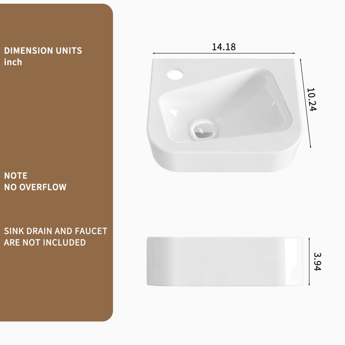 Wall Mounted Bathroom Sink 14" x 10" Rectangle Vessel Sink for Small Modern Bathrooms White Ceramic Vanity Sink with Drain Opening