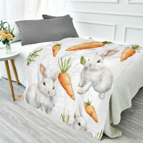 70x55 Inches Glow in The Dark Blanket Cozy Throw Camping Blankets for Home and Outdoor Use Cute Watercolor White Bunnies