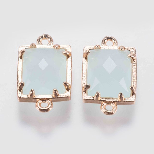 Glass Links connectors with Brass Finding Faceted Rectangle Golden Light Blue 15x9x4mm Hole: 0.6mm