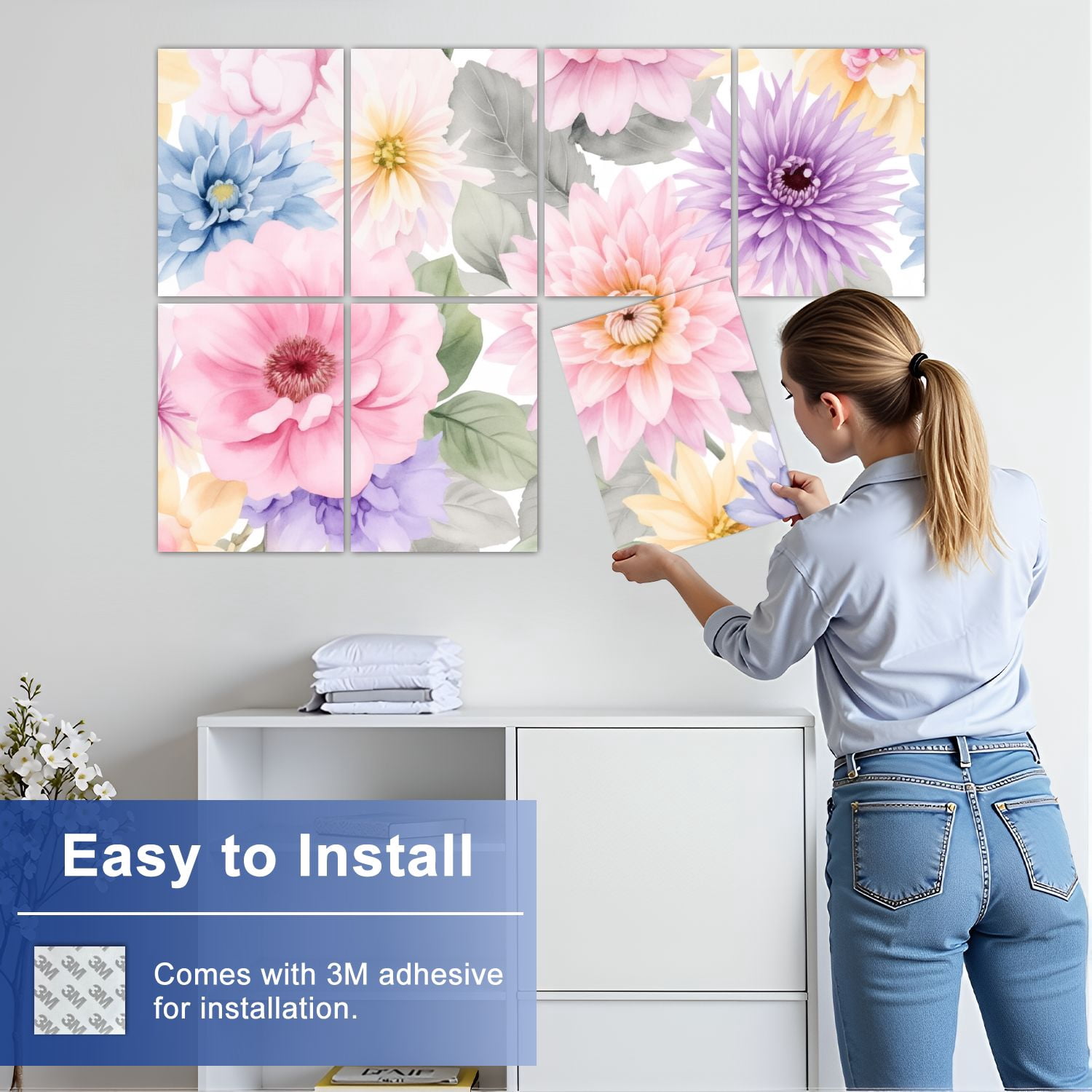 8 Pack Art Acoustic Panels Sound Absorbing Colorful Watercolor Floral Leaves Pastel Flowers Decorative Soundproof Wall Panels Self Adhesive for Nursery Game Room Bedroom 48"x32"