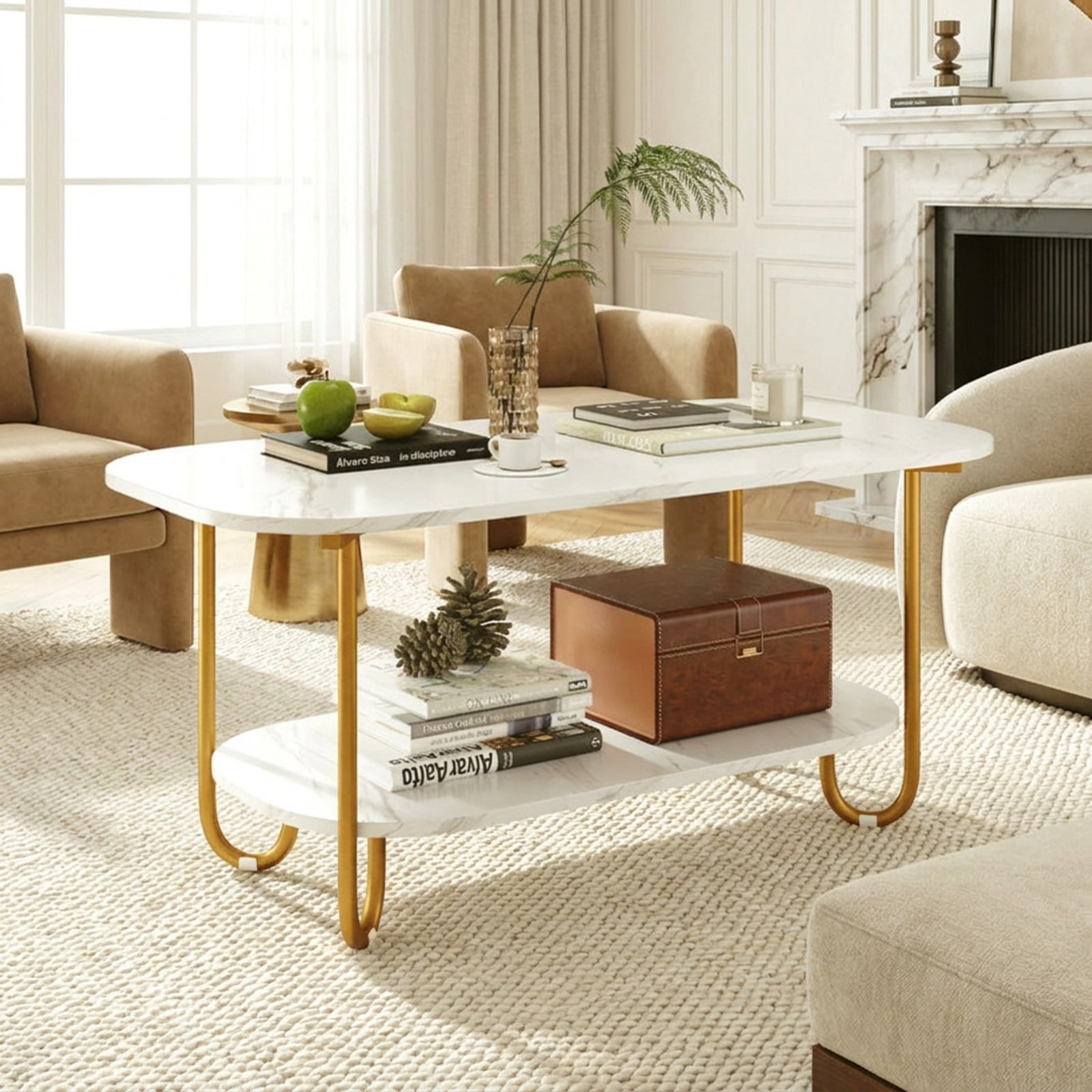 Furnibear Modern 2-Tier Coffee Table with Faux Marble Top Powder-Coated Metal Frame and Storage Shelf for Living Room and Study, White