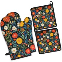 Pioneer Flower Kitchen Oven Mitt and Pot Holder Sets 4 Pcs for Baking, Cooking and Grilling, Heat Resistant Up To 392 °F