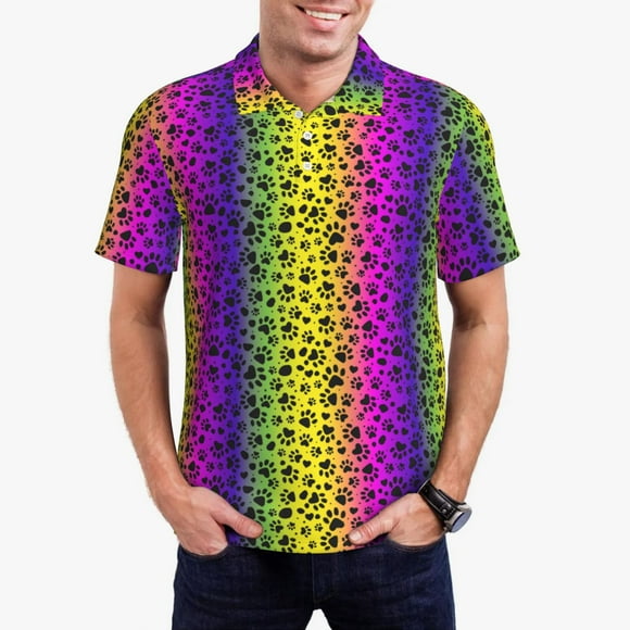 Saiise Animal Paw Rainbow Print Mens Golf Shirt Moisture Wicking Quick-Dry Print Performance Polo Shirts for Men-XX-Large
