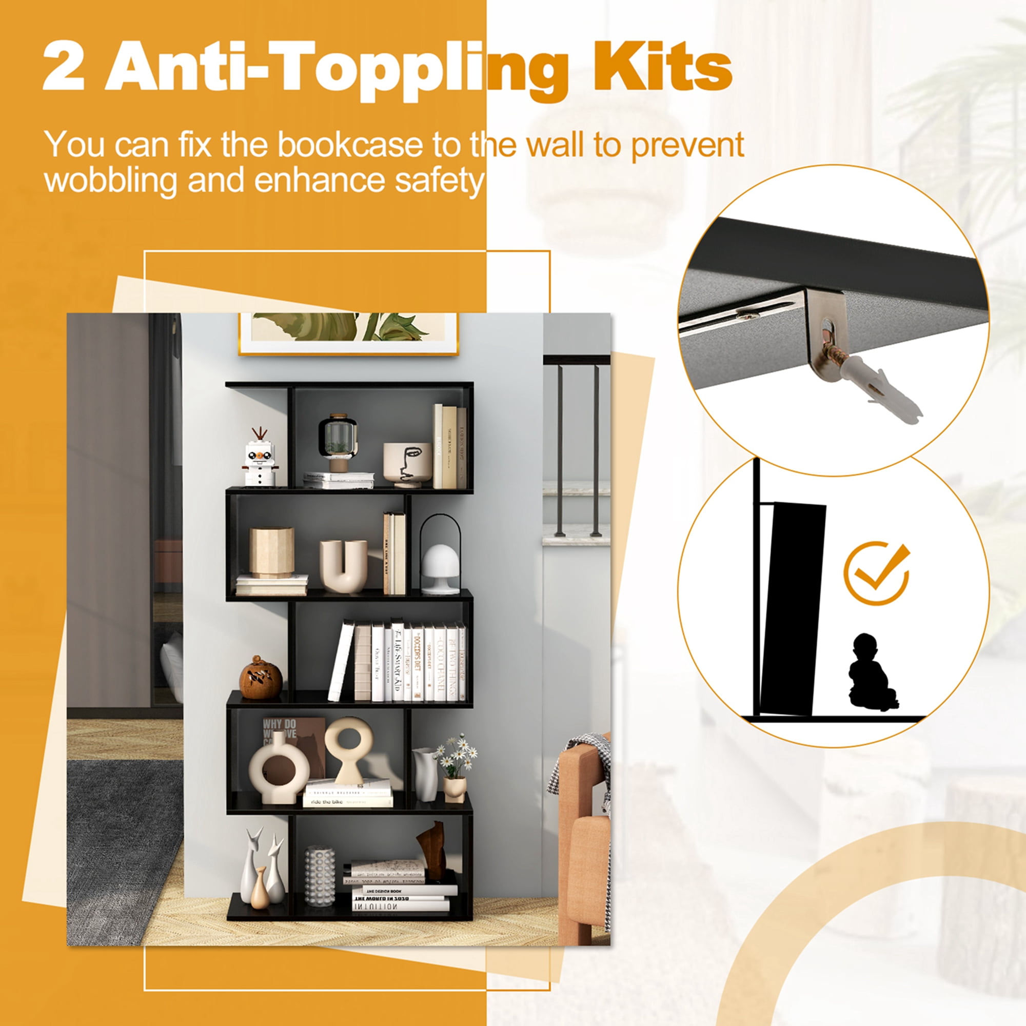 Costway 5-Tier Bookshelf Geometric S-Shaped Bookcase Room Divider Storage Display Shelf Black