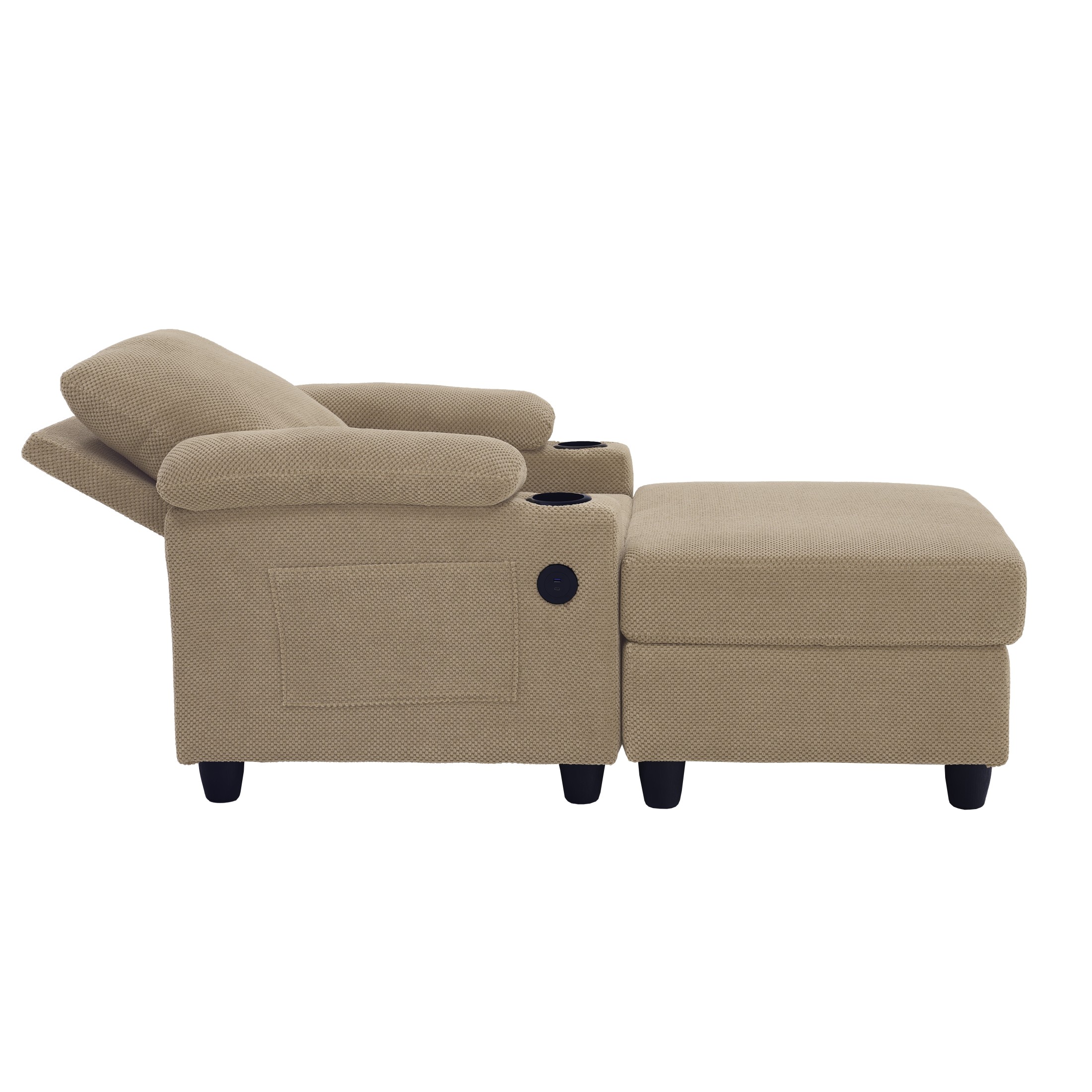 GDF Studio Abriel Accent Chair with Storage Ottoman, USB Ports & Cup Holders, Versatile Chaise Lounge, Camel