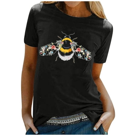 

LWZWM Cute Bee Pattern Shirt for Women Letter Print Tops Short Sleeve Crew Neck Gothic Streetwear Black M