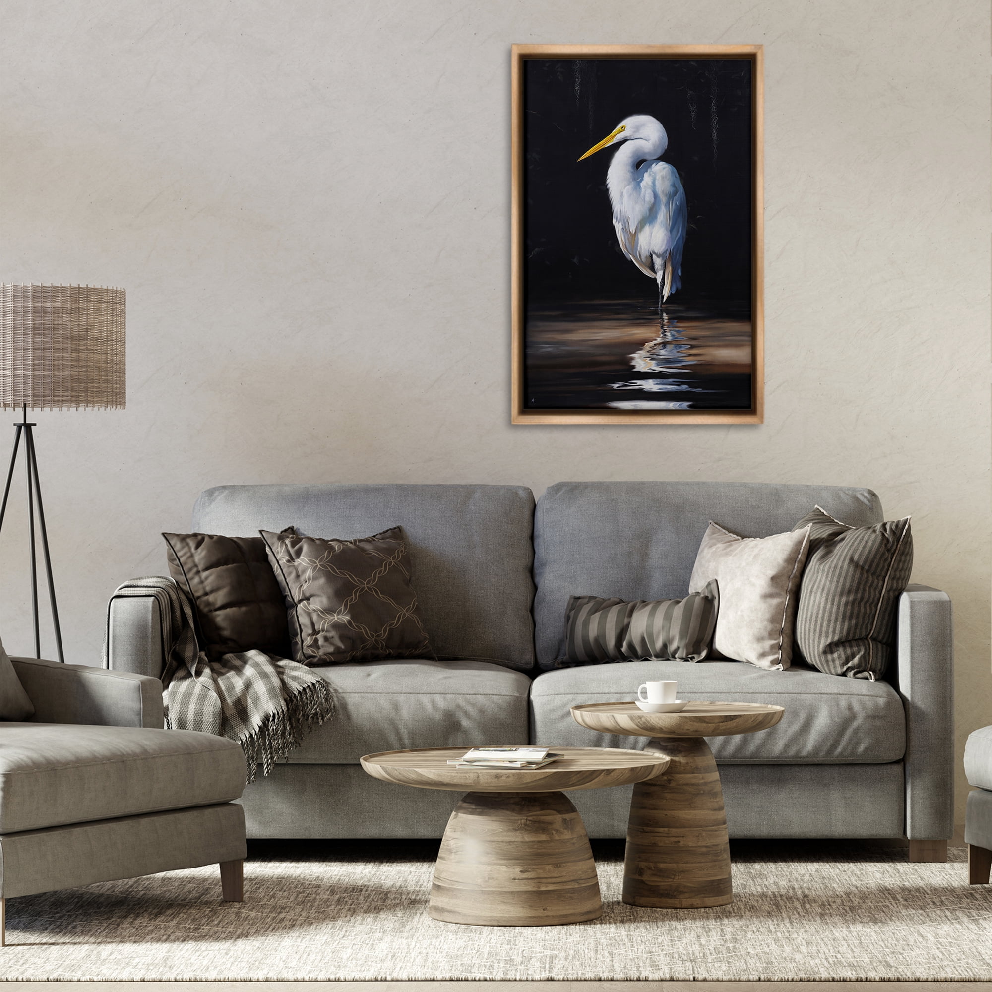 Stupell Industries Balancing Egret Bird Animals Painting Brown Floater Framed Canvas Art Print Wall Art, 21 x 31