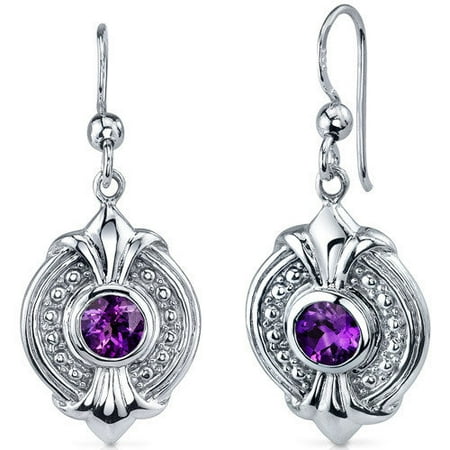 Oravo Ornate 1.00 Carat Amethyst Round Cut Dangle Earrings in Sterling Silver