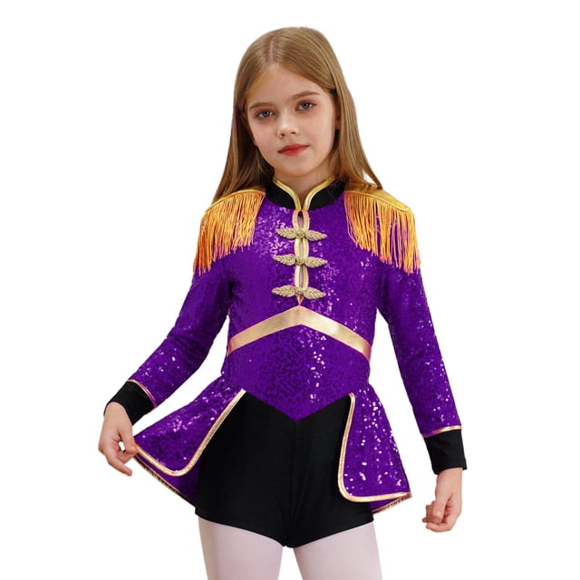 YONGHS Combinaison de Cirque pour Filles Halloween Enfants Manches Longues Sequins Justaucorps Robe Danse Violet 16